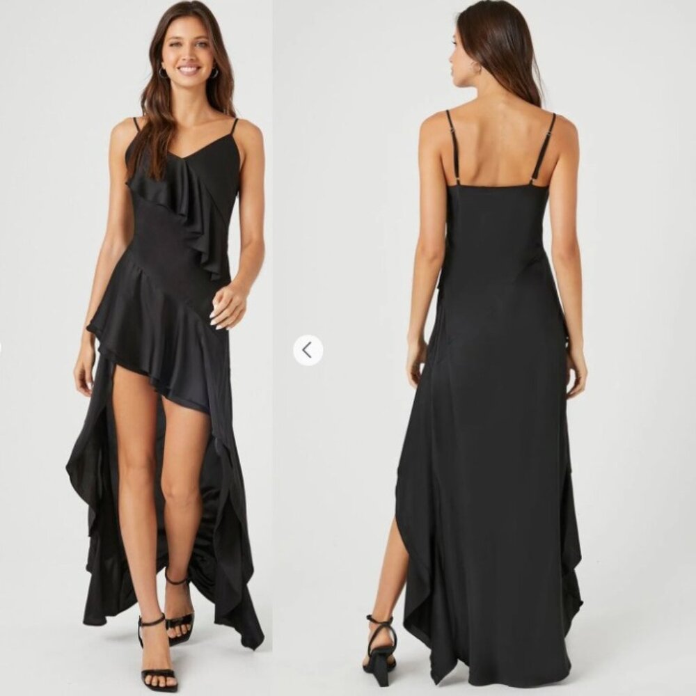 NWT Forever 21 Satin Ruffle High-Low Dress - Black